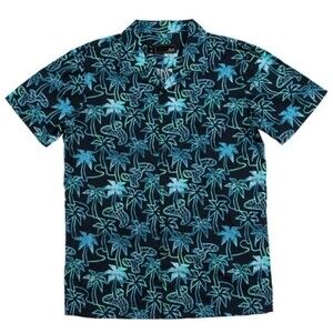 Lost Clothing Boy's Hawaiian Aloha Camper SS Woven Palm Tree Button Down Shirt L